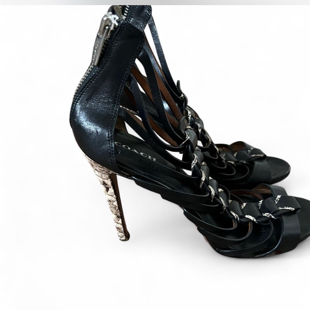 Coach Women’s black leather and Snakeskin gladiator cage heels sandals club - Picture 5 of 9